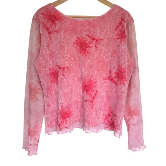 Olsen Tops - Y2K Olsen Pink Floral Mesh Long Sleeve Scoop-Back Blouse Stretchy 16 XL